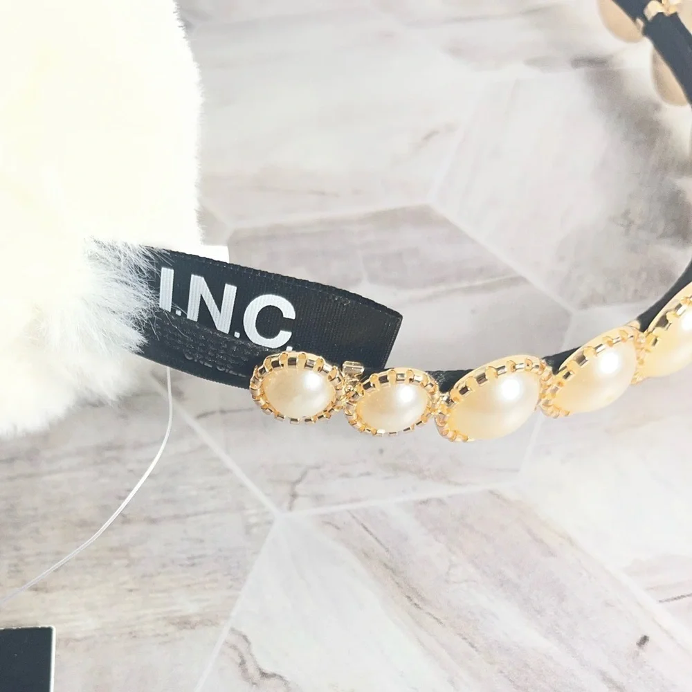 INC International Concepts Faux Fur Pearl Headband Earmuffs Ivory One Size NWT